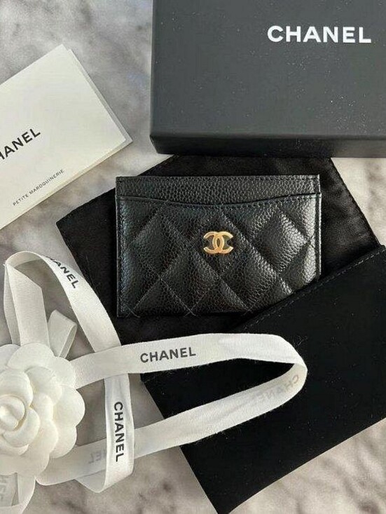 CHANEL Handbags - CHANEL Black Quilted Caviar Leather Wallet with Gold CC Logo